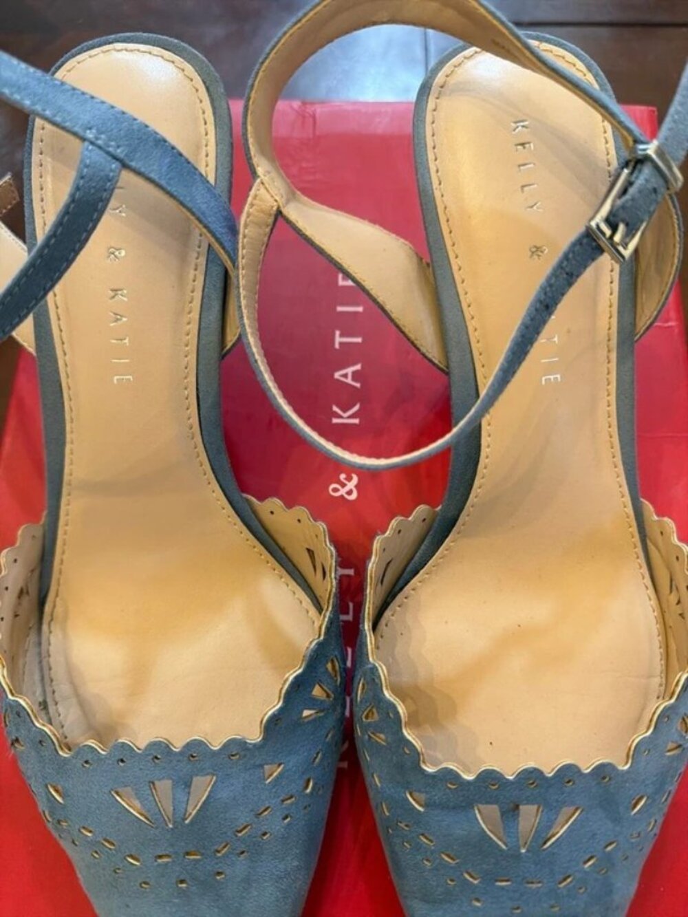 Kelly & Katie Blue Pointed Toe Scalloped Ankle Strap Heels